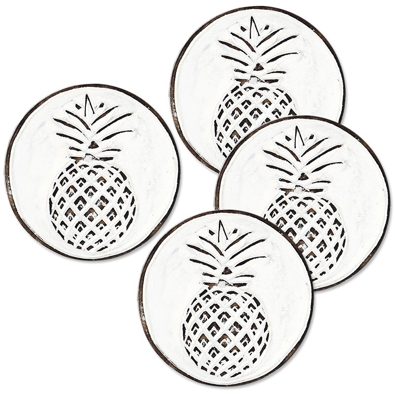 Whitewash Pineapple Wooden Coaster, Set of 4