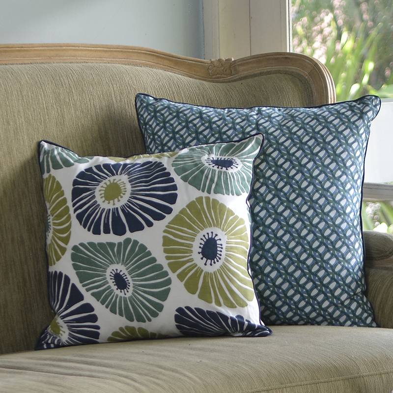 Retro Flowers Green & Blue Cushion Cover, 45cm